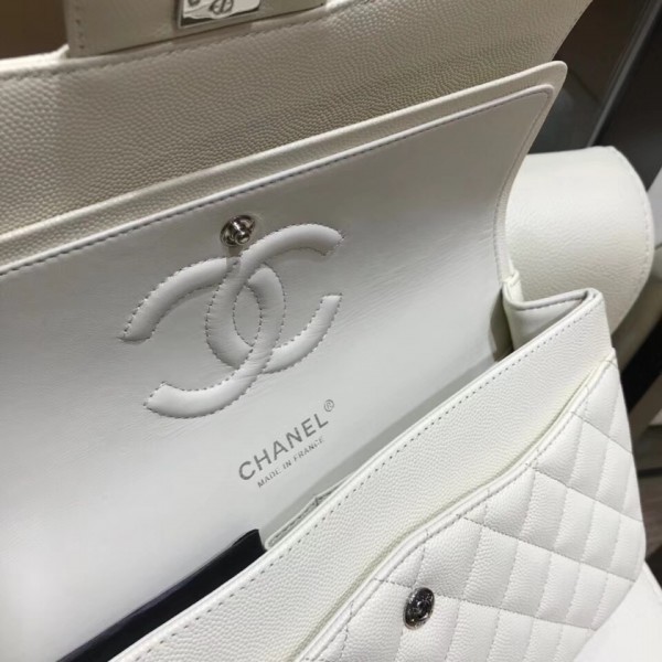Chanel Grained Caflskin Medium Classic Flap Bag A01112 White With Silver Hardware
