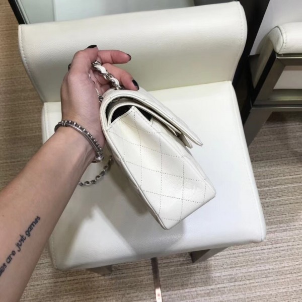 Chanel Grained Caflskin Medium Classic Flap Bag A01112 White With Silver Hardware