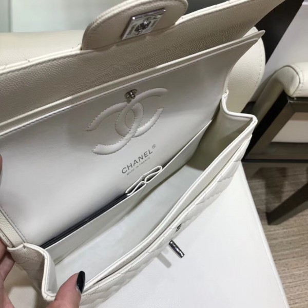 Chanel Grained Caflskin Medium Classic Flap Bag A01112 White With Silver Hardware