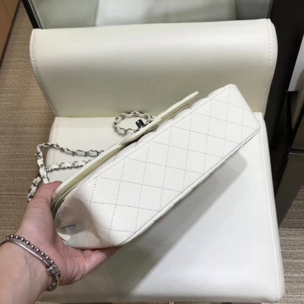 Chanel Grained Caflskin Medium Classic Flap Bag A01112 White With Silver Hardware
