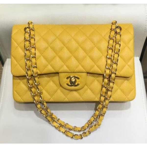 Chanel Grained Caflskin Medium Classic Flap Bag A01112 Yellow With Gold Hardware