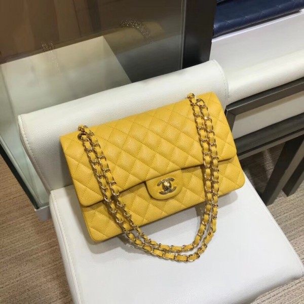 Chanel Grained Caflskin Medium Classic Flap Bag A01112 Yellow With Gold Hardware