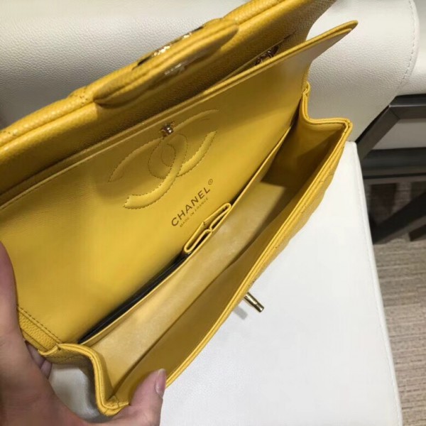Chanel Grained Caflskin Medium Classic Flap Bag A01112 Yellow With Gold Hardware