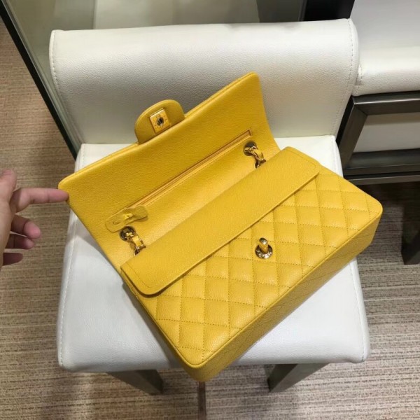 Chanel Grained Caflskin Medium Classic Flap Bag A01112 Yellow With Gold Hardware