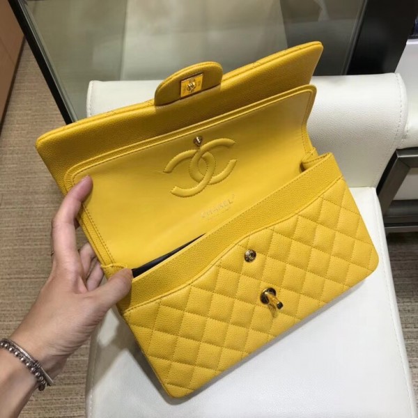 Chanel Grained Caflskin Medium Classic Flap Bag A01112 Yellow With Gold Hardware