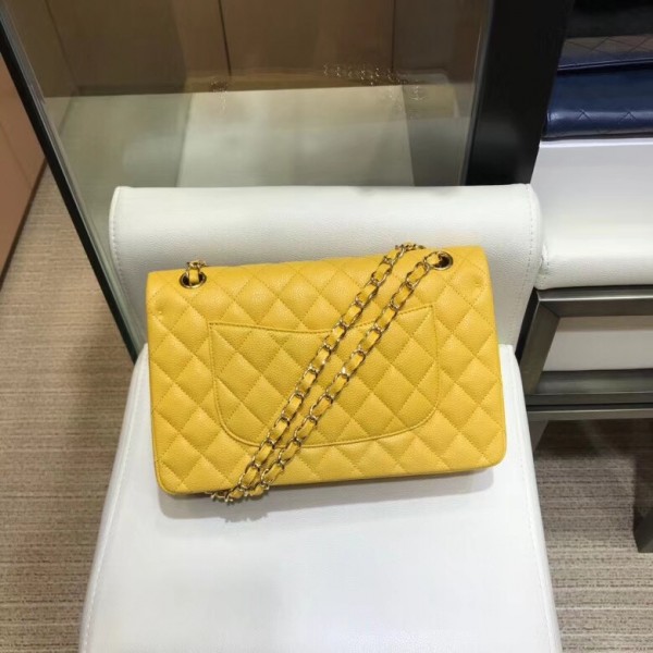 Chanel Grained Caflskin Medium Classic Flap Bag A01112 Yellow With Gold Hardware