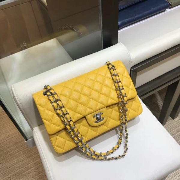 Chanel Grained Caflskin Medium Classic Flap Bag A01112 Yellow With Silver Hardware