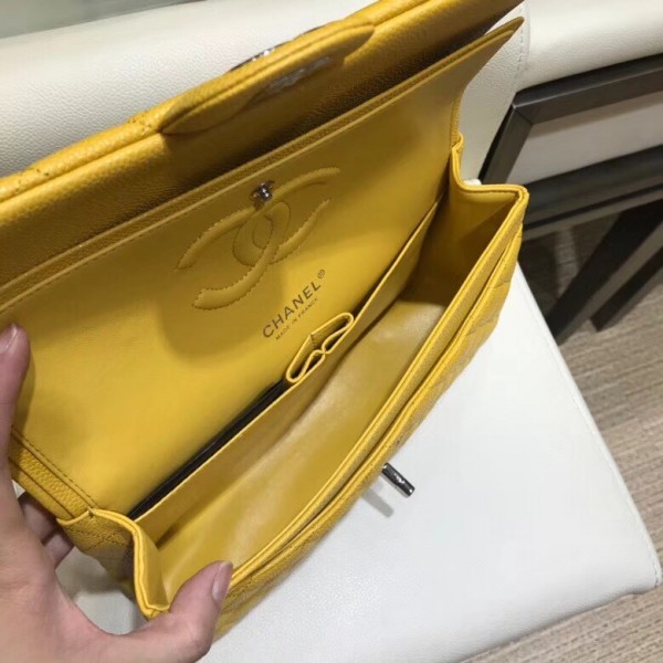 Chanel Grained Caflskin Medium Classic Flap Bag A01112 Yellow With Silver Hardware
