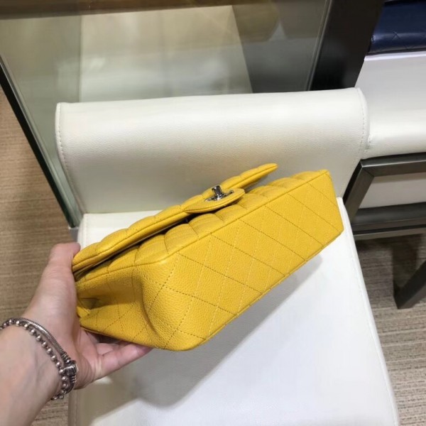 Chanel Grained Caflskin Medium Classic Flap Bag A01112 Yellow With Silver Hardware