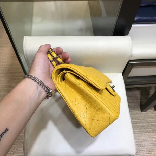 Chanel Grained Caflskin Medium Classic Flap Bag A01112 Yellow With Silver Hardware