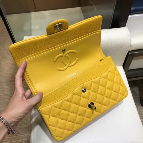 Chanel Grained Caflskin Medium Classic Flap Bag A01112 Yellow With Silver Hardware
