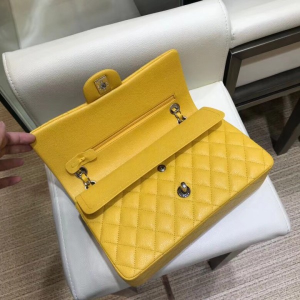 Chanel Grained Caflskin Medium Classic Flap Bag A01112 Yellow With Silver Hardware