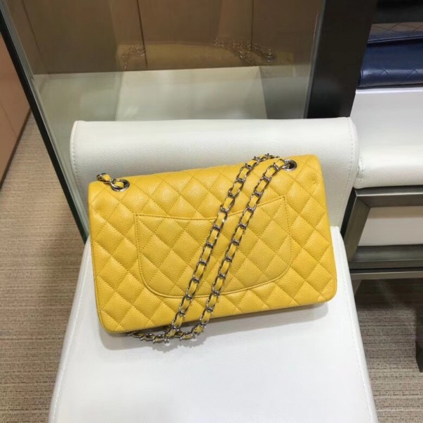 Chanel Grained Caflskin Medium Classic Flap Bag A01112 Yellow With Silver Hardware