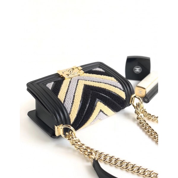 Chanel Chevron Embroidered Calfskin/Lurex Boy  Small Flap Bag A67085 Black/Yellow/Blue 2019