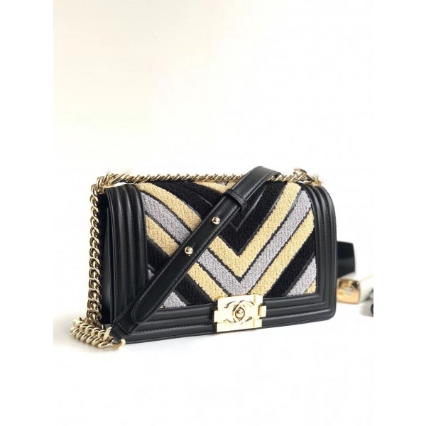 Chanel Chevron Embroidered Calfskin/Lurex Boy  Small Flap Bag A67085 Black/Yellow/Blue 2019