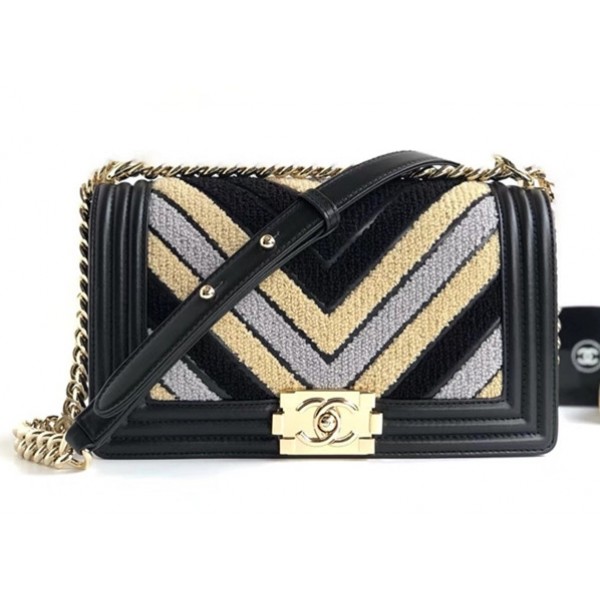 Chanel Chevron Embroidered Calfskin/Lurex Boy Small Flap Bag A67086 Black/Yellow/Blue 2019