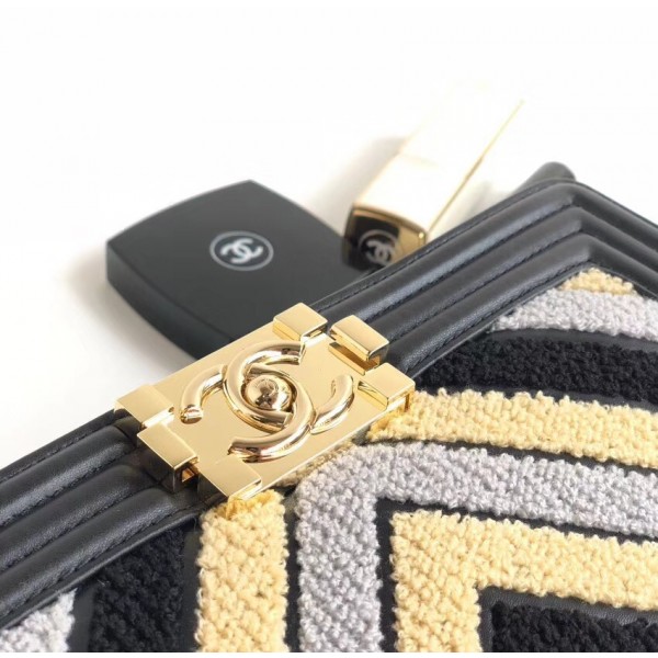 Chanel Chevron Embroidered Calfskin/Lurex Boy  Small Flap Bag A67086 Black/Yellow/Blue 2019