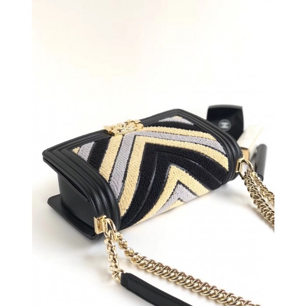 Chanel Chevron Embroidered Calfskin/Lurex Boy  Small Flap Bag A67086 Black/Yellow/Blue 2019