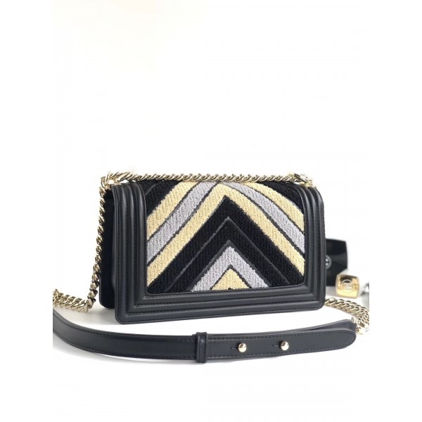 Chanel Chevron Embroidered Calfskin/Lurex Boy  Small Flap Bag A67086 Black/Yellow/Blue 2019