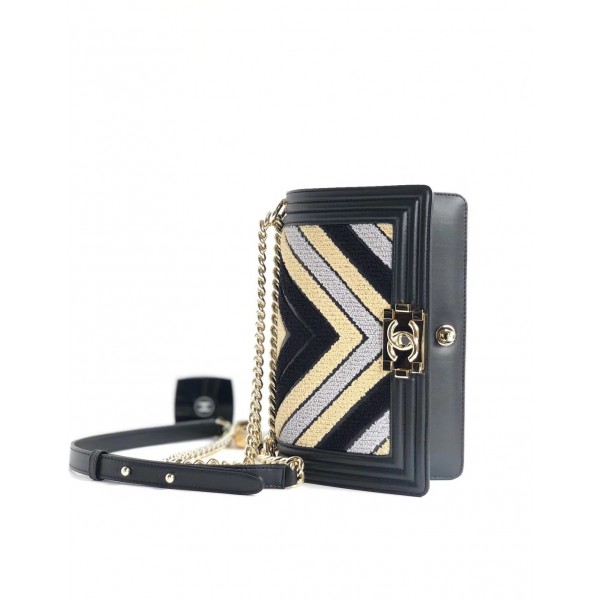Chanel Chevron Embroidered Calfskin/Lurex Boy  Small Flap Bag A67086 Black/Yellow/Blue 2019
