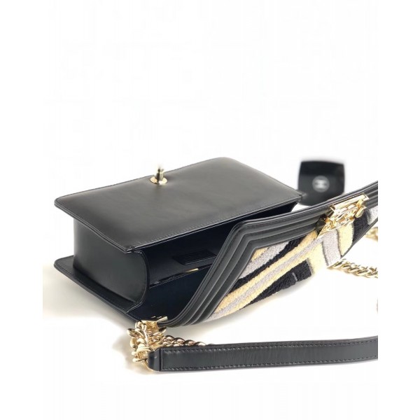 Chanel Chevron Embroidered Calfskin/Lurex Boy  Small Flap Bag A67086 Black/Yellow/Blue 2019