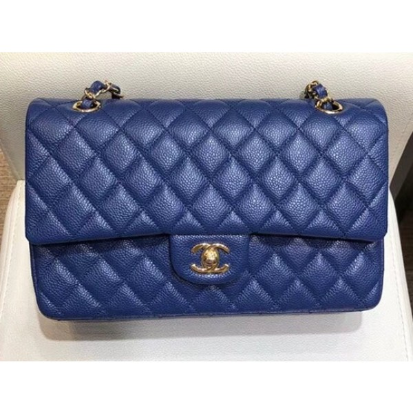 Chanel Grained Caflskin Medium Classic Flap Bag A01112 Blue With Gold Hardware