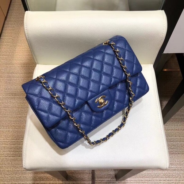 Chanel Grained Caflskin Medium Classic Flap Bag A01112 Blue With Gold Hardware
