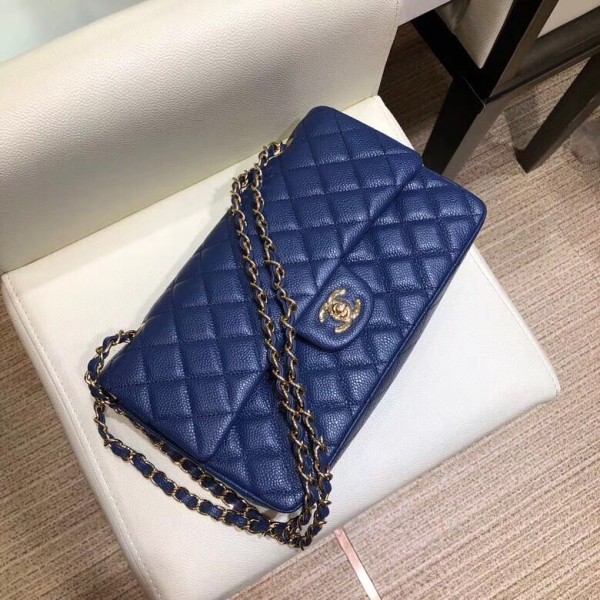 Chanel Grained Caflskin Medium Classic Flap Bag A01112 Blue With Gold Hardware