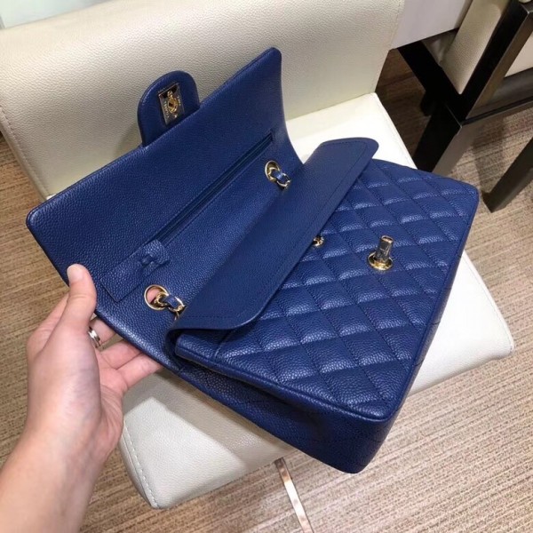 Chanel Grained Caflskin Medium Classic Flap Bag A01112 Blue With Gold Hardware