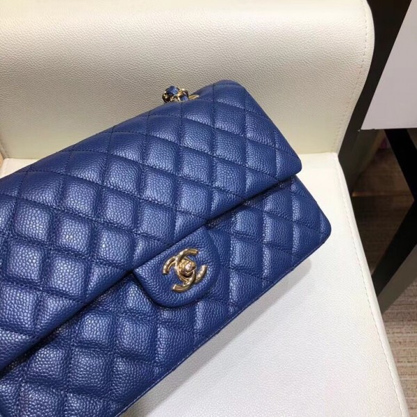 Chanel Grained Caflskin Medium Classic Flap Bag A01112 Blue With Gold Hardware