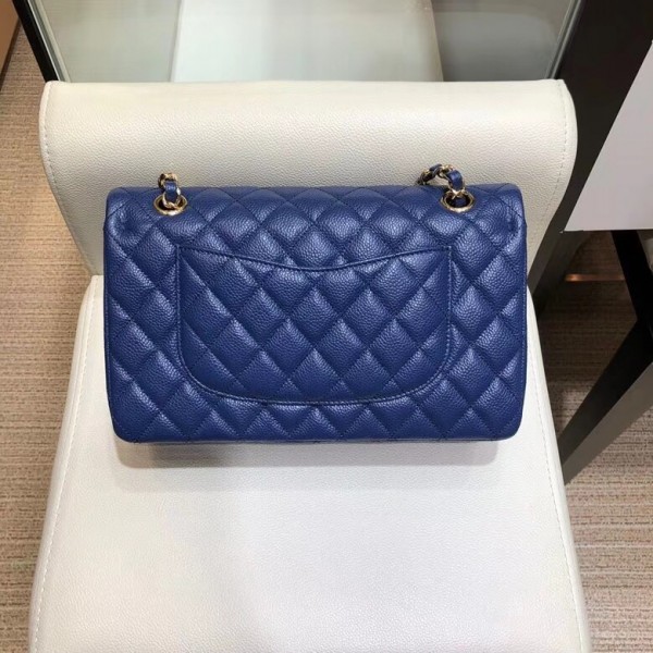 Chanel Grained Caflskin Medium Classic Flap Bag A01112 Blue With Gold Hardware