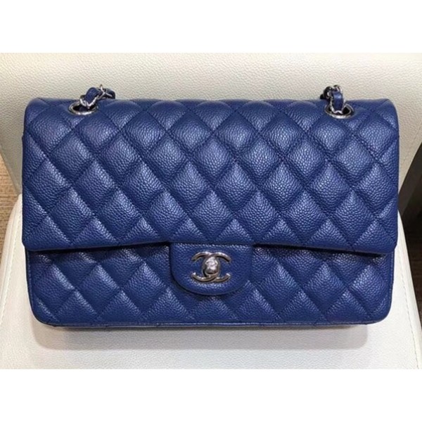 Chanel Grained Caflskin Medium Classic Flap Bag A01112 Blue With Silver Hardware