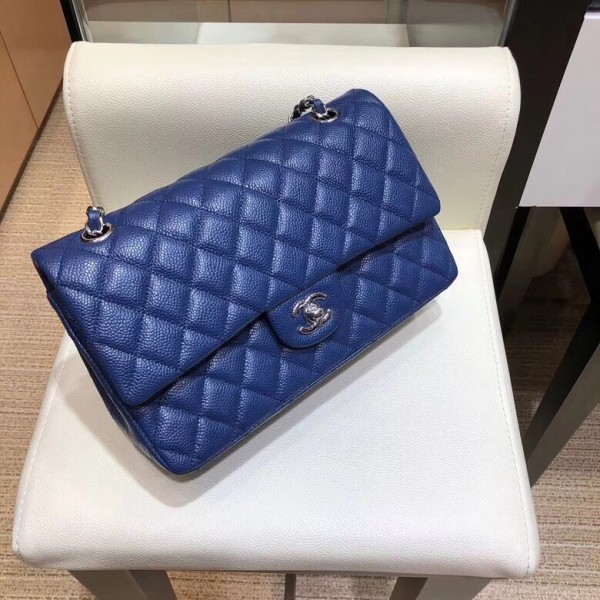 Chanel Grained Caflskin Medium Classic Flap Bag A01112 Blue With Silver Hardware
