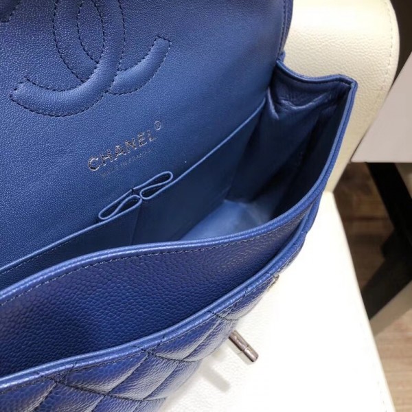 Chanel Grained Caflskin Medium Classic Flap Bag A01112 Blue With Silver Hardware