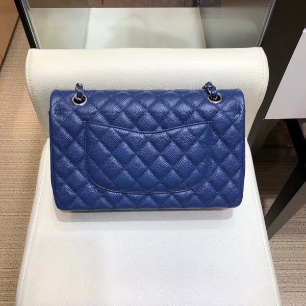 Chanel Grained Caflskin Medium Classic Flap Bag A01112 Blue With Silver Hardware