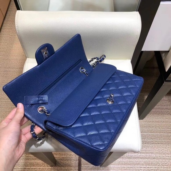 Chanel Grained Caflskin Medium Classic Flap Bag A01112 Blue With Silver Hardware