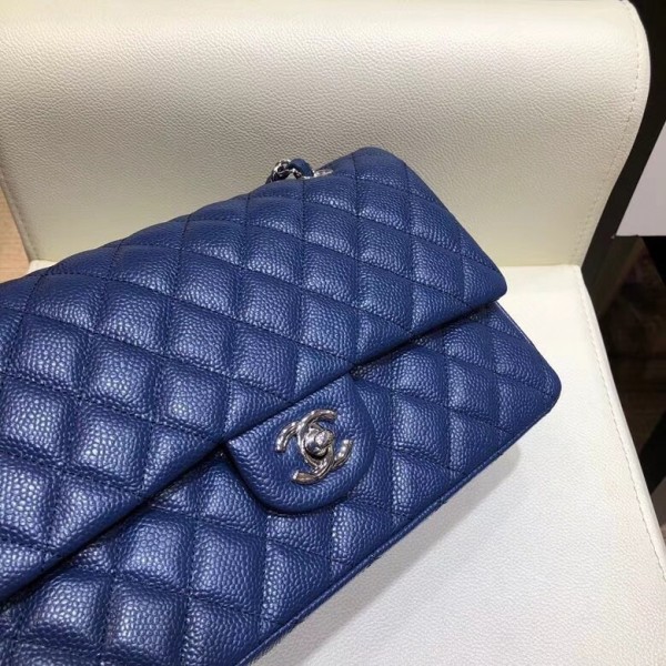 Chanel Grained Caflskin Medium Classic Flap Bag A01112 Blue With Silver Hardware