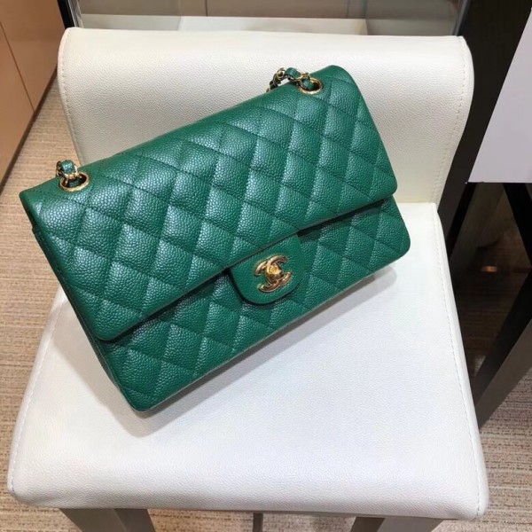 Chanel Grained Caflskin Medium Classic Flap Bag A01112 Green With Gold Hardware