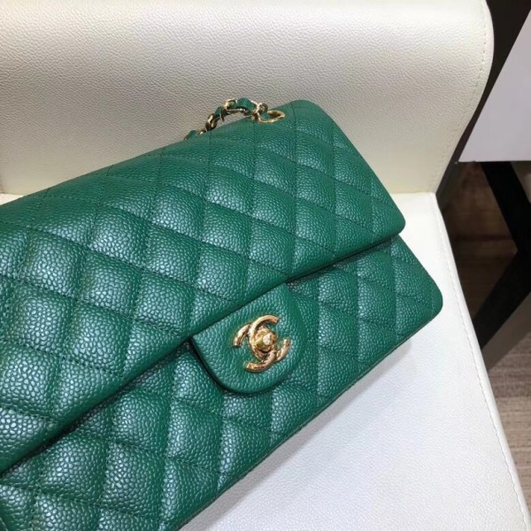 Chanel Grained Caflskin Medium Classic Flap Bag A01112 Green With Gold Hardware