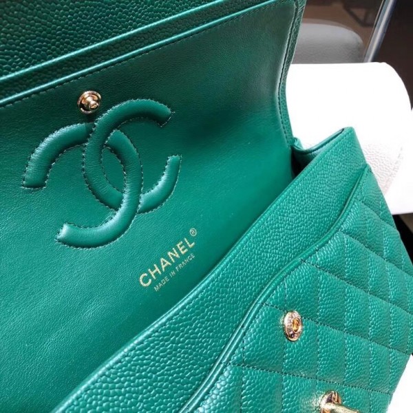 Chanel Grained Caflskin Medium Classic Flap Bag A01112 Green With Gold Hardware