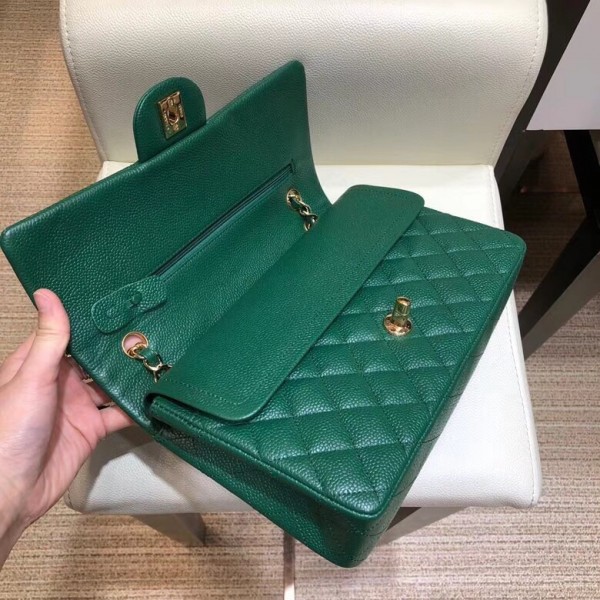 Chanel Grained Caflskin Medium Classic Flap Bag A01112 Green With Gold Hardware