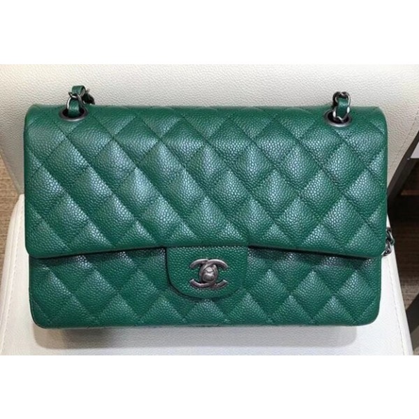 Chanel Grained Caflskin Medium Classic Flap Bag A01112 Green With Silver Hardware