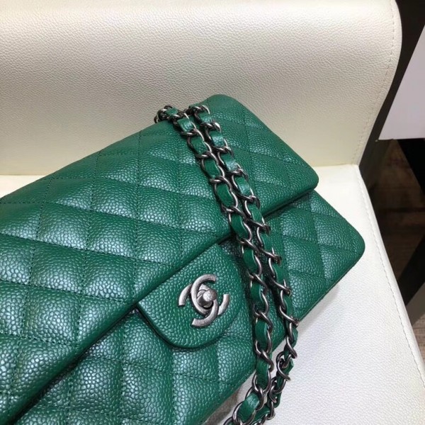Chanel Grained Caflskin Medium Classic Flap Bag A01112 Green With Silver Hardware