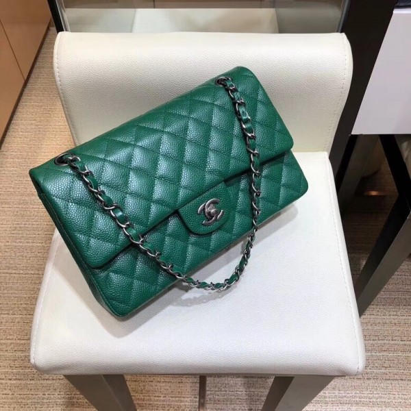 Chanel Grained Caflskin Medium Classic Flap Bag A01112 Green With Silver Hardware