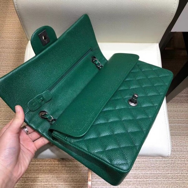 Chanel Grained Caflskin Medium Classic Flap Bag A01112 Green With Silver Hardware