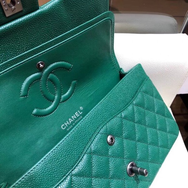 Chanel Grained Caflskin Medium Classic Flap Bag A01112 Green With Silver Hardware