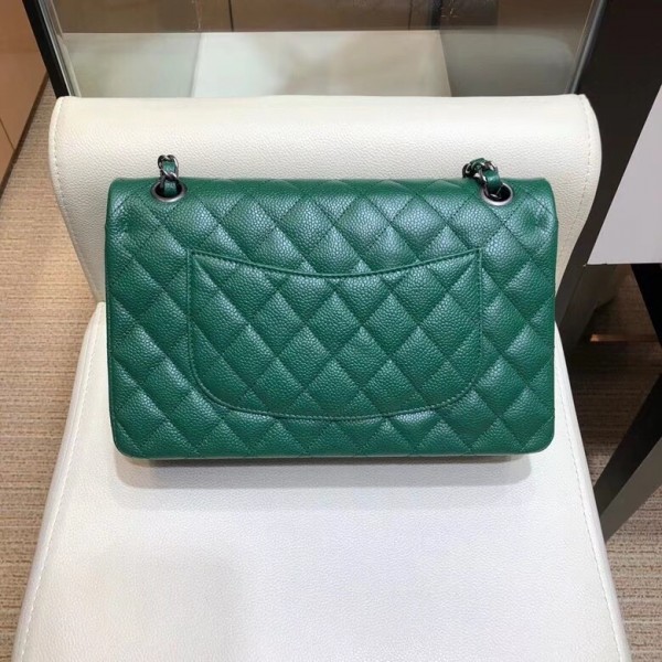 Chanel Grained Caflskin Medium Classic Flap Bag A01112 Green With Silver Hardware