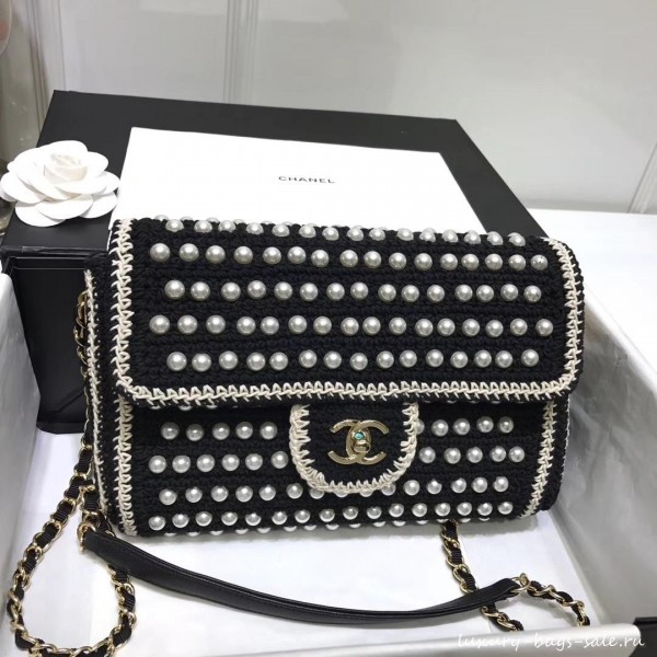 chanel pearl knitwear classic flap bag black