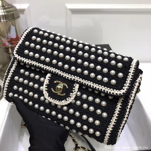 chanel pearl knitwear classic flap bag black
