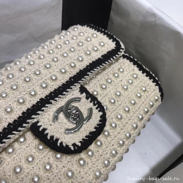 chanel pearl knitwear classic flap bag white